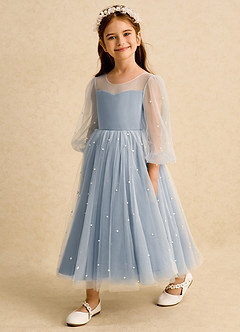 Azazie Trudy Flower Girl Dresses Dusty Blue Ball-Gown Sweetheart Neckline Tulle Dress image4