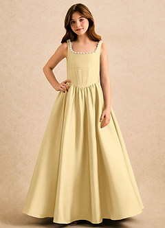 Azazie Enid Girls Formal Blumenmädchenkleider A-Linie Mit Perlen Stretch-Satin Kleid Butter image4