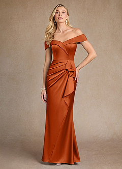 Azazie Laredo Vestidos para mãe da noiva Vestido Laranja Queimada de Cetim elástico de sereia com Fora do ombro image3