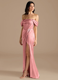 Azazie Lynden Bridesmaid Dresses Rosette Sheath Off the Shoulder Metallic Satin Convertible Dress image7