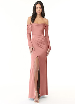 Azazie Hallie Bridesmaid Dresses Rosette Sheath Off-The-Shoulder Long Sleeve Stretch Satin Convertible Dress image4