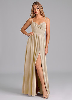 Azazie Zeya Bridesmaid Dresses Champagne A-Line Pleated Velvet Dress image1