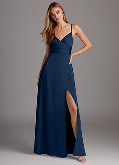 Azazie Calissa Bridesmaid Dresses Dark Navy A-Line V-Neck Pleated Stretch Satin Dress image3