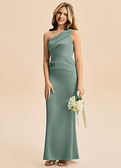 Azazie Akilah Junior Robe Fourreau en Satin extensible Plissée Sauge D'argent image5