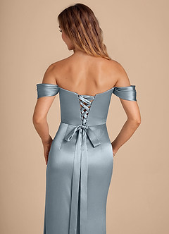 Azazie Shea Bridesmaid Dresses Dusty Blue Mermaid Off the Shoulder Metallic Satin Convertible Dress image2