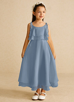 Azazie Temi Robe Demoiselle D'honneur Fillette Robe Trapèze en Mousseline de soie Bretelle Spaghetti Bleu Poussiéreux image3