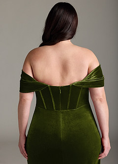 Azazie Jas Robes de demoiselle d'honneur Robe Fourreau Convertible en velours Schulterfreies Korsett Olive image16