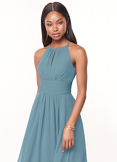 Azazie Bonnie Bridesmaid Dresses Moody Blue A-Line Keyhole Ruched Chiffon Dress image5