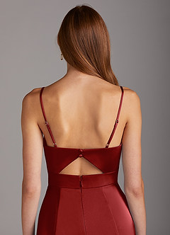 Azazie Shania Bridesmaid Dresses Pomegranate Sheath V-Neck Pleated Stretch Satin Dress image4