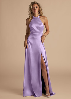 Azazie Clarice Bridesmaid Dresses Lilac A-Line High Neck Metallic Satin Dress image4