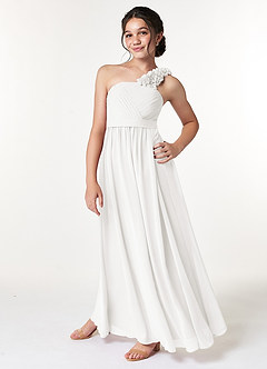 Azazie Flower Junior Robe Trapèze en Mousseline de soie Plissée Blanc image5