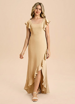 Azazie Demi Junior Vestido de Oro de Satén Elástico de Corte Sirena con Lazo image3