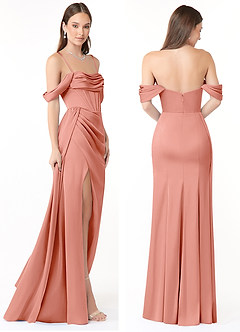 Azazie Amyra Bridesmaid Dresses Coral Sheath Off the Shoulder Stretch Satin Convertible Dress image8