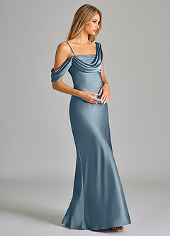 Azazie Celina Bridesmaid Dresses Dusty Blue Sheath Off the Shoulder Stretch Satin Dress image6