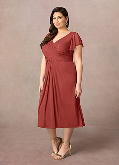 Azazie Vera Mère de la mariée Robes Robe Trapèze en Maille Col V plissé Terracotta image7