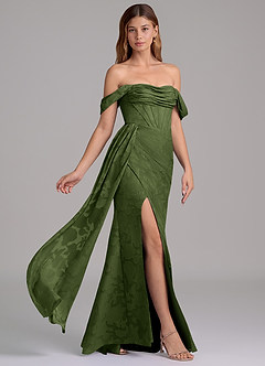 Azazie Amyra Jurken voor bruidsmeisjes Converteerbaar Jurk van Bloemen Burn-out met Zeemeermin Off the Shoulder Olijf image4