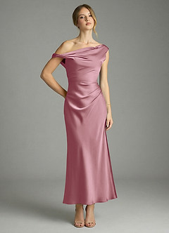 Azazie Emerson Robes de demoiselle d'honneur Robe Sirène en Satin extensible Épaule décolletée Mauve Vintage image1