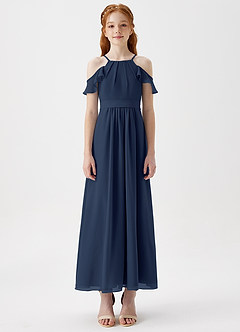 Azazie Chaya Junior Dark Navy A-Line Off the Shoulder Chiffon Dress image3