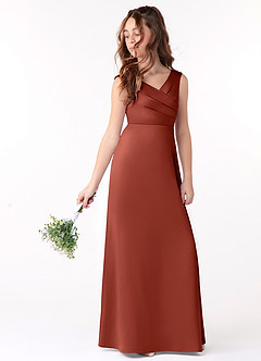 Azazie Sadia Junior Terracotta A-Line Pleated Stretch Satin Dress image1
