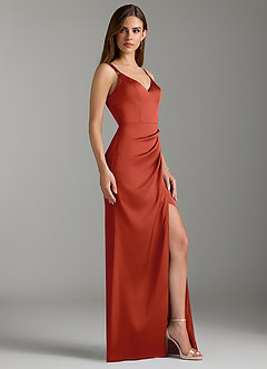 Azazie Leo Bridesmaid Dresses Rust Sheath Pleated Stretch Satin Dress image3