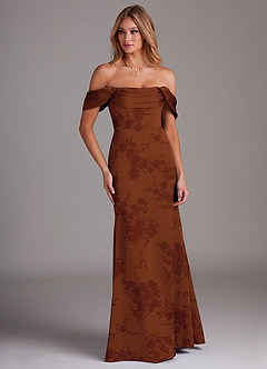 Azazie Saige Bridesmaid Dresses Burnt Orange Floral Sheath Off the Shoulder Stretch Satin Dress image4