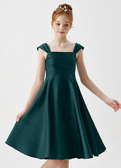 Azazie Amira Junior Pine A-Line Pleated Stretch Satin Dress image3