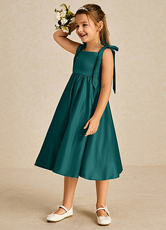 Azazie Chelsie Flower Girl Dresses Peacock A-Line Bow Matte Satin Dress image4