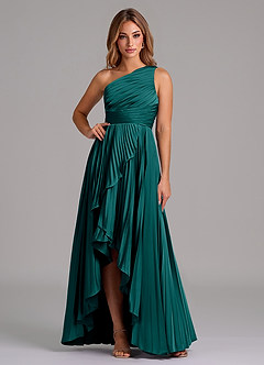 Azazie Lyrica Bridesmaid Dresses Peacock A-Line One Shoulder Stretch Satin Dress image1