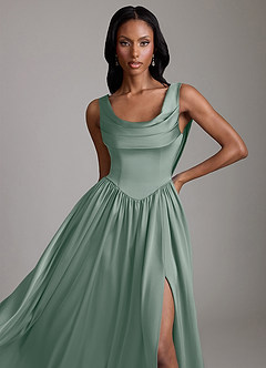 Azazie Novi Robes de demoiselle d'honneur Robe Trapèze en Satin extensible avec poches Sauge D'argent image3