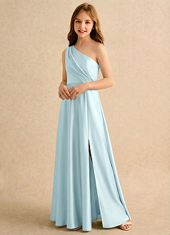 Azazie Puddles Girls Formal Robe Demoiselle D'honneur Fillette Robe Trapèze en Satin extensible Une épaule Bleu Nuage image4