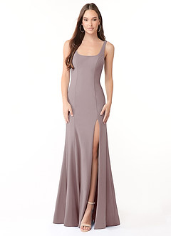 Azazie Arwen Bridesmaid Dresses Vintage Mauve Sheath Side Slit Stretch Crepe Dress image1