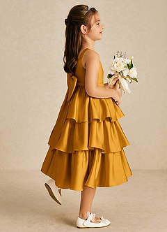 Azazie Margery Flower Girl Dresses Butterscotch A-Line Bow Stretch Satin Dress image5