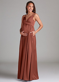 Azazie Emree Maternity Bridesmaid Dresses A-Line Stretch Satin Floor-Length Dress with Pockets image3