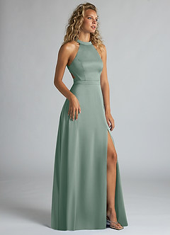 Azazie Clarice At-home Try On Dresses Agave A-Line High Neck Stretch Satin Dress image2