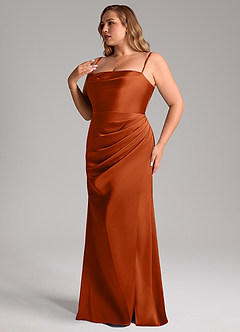 Azazie Leonis Robes de demoiselle d'honneur Robe Sirène Convertible en Satin extensible Plissée Orange Brûlée image13