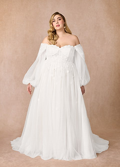 Azazie Airellie Wedding Dresses Diamond White A-Line Off the Shoulder Tulle Dress image11
