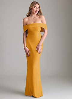 Azazie Lusinda Vestidos de madrinha de casamento Vestido Caramelo de Chiffon de sereia com Fora do ombro image4