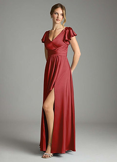 Azazie Omari Bridesmaid Dresses Pomegranate A-Line Stretch Satin Dress image4