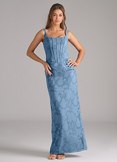 Azazie Kenna Robes de demoiselle d'honneur Robe Fourreau en Blumen-Burnout Fente Latérale Acier Bleuté image3