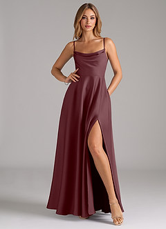 Azazie Elle Bridesmaid Dresses Sangria A-Line Pleated Stretch Satin Dress image3