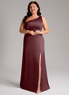 Azazie Phaedra Bridesmaid Dresses Sangria A-Line One Shoulder Stretch Satin Dress image6