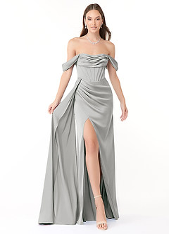 Azazie Amyra Robes de demoiselle d'honneur Robe Fourreau Convertible en Satin extensible Épaule décolletée Argent image1