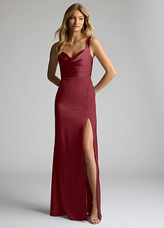 Azazie Elida Bridesmaid Dresses Cabernet Sheath Pleated Stretch Satin Dress image1
