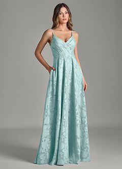 Azazie Amani 신부 들러리 드레스 A라인 주름진 플로럴 번아웃 바닥 길이 드레스 image3