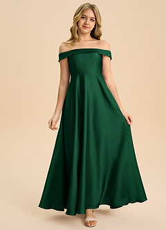 Azazie Sissy Junior Abito A-Line in Raso Elasticizzato a Spalla Scoperta Verde Scuro image4