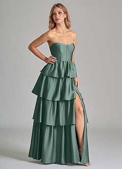 Azazie Faye Bridesmaid Dresses Eucalyptus A-Line Ruched Stretch Satin Dress image1