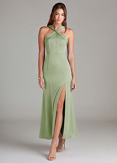 Azazie Rue 신부 들러리 드레스 인어 주름진 스트레치 새틴 발목 길이 드레스 image3