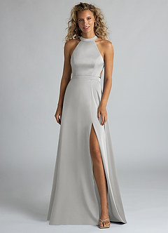 Azazie Clarice Bridesmaid Dresses Silver A-Line High Neck Stretch Satin Dress image4