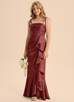 Azazie Ryan Junior Terracotta Sheath Bow Stretch Satin Dress image4