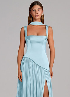 Azazie Stephanie Vestidos de damas de honor Vestido de Azul Cielo de Satén Elástico de Corte en A con Plisado image6